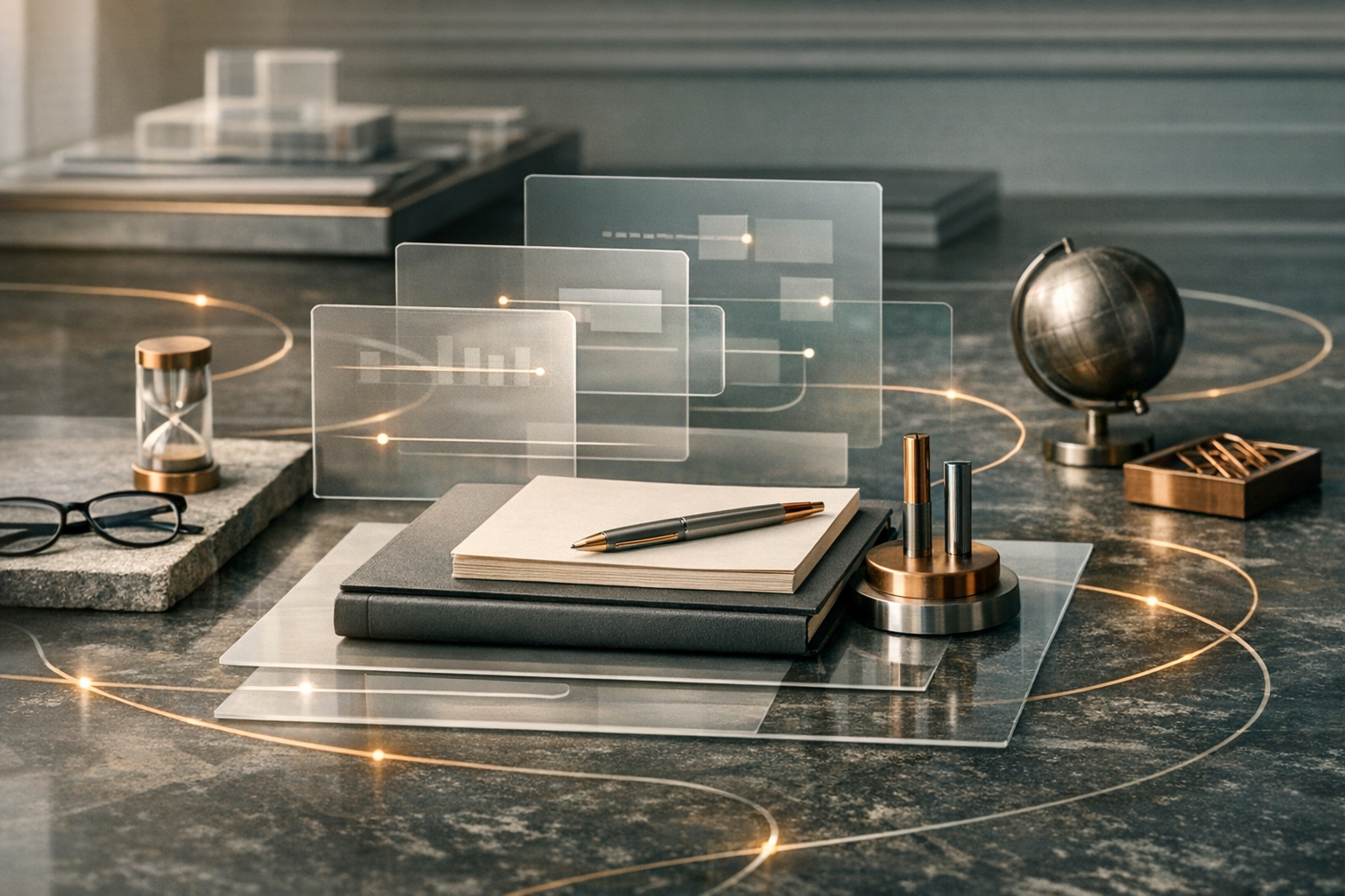 Premium editorial visual pokazujący uporządkowaną pracę zespołu i wdrożenie asystenta dla firmy.